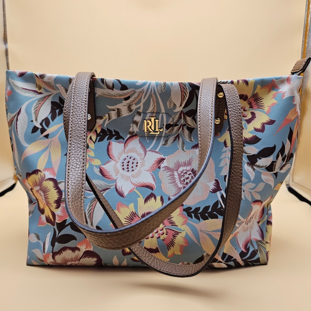 Lauren Ralph Lauren Floral Tote‎ Bag Medium Blue Pink  Leather Trim Gold Logo